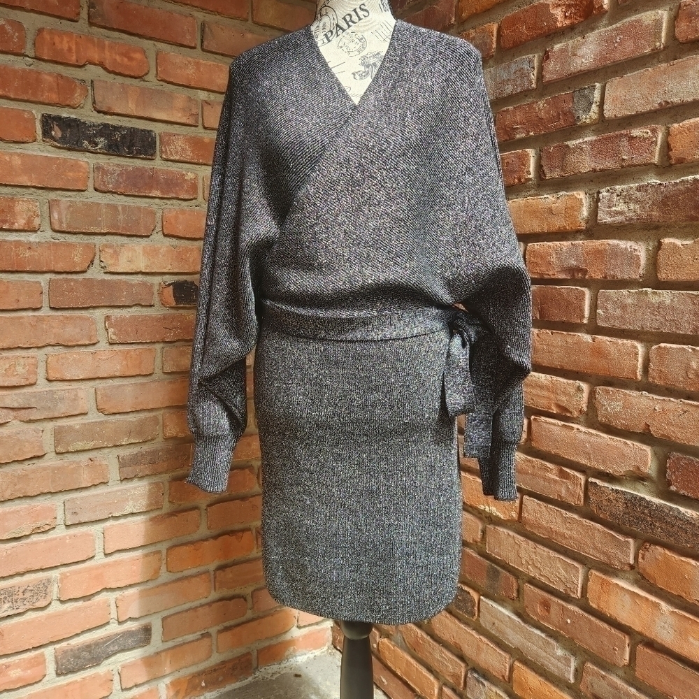 Gianni Bini Alston Metallic Tie Waist Sweater Dress Black Silver Size Large NWT - Picture 5 of 11